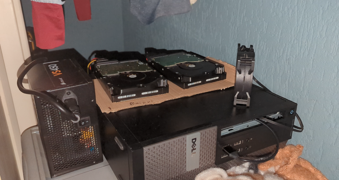 Full server setup with OptiPlex, external drives, and PSU